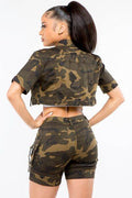 American Bazi Full Size Camouflage Short Sleeve Cropped Jacket - Hovatok