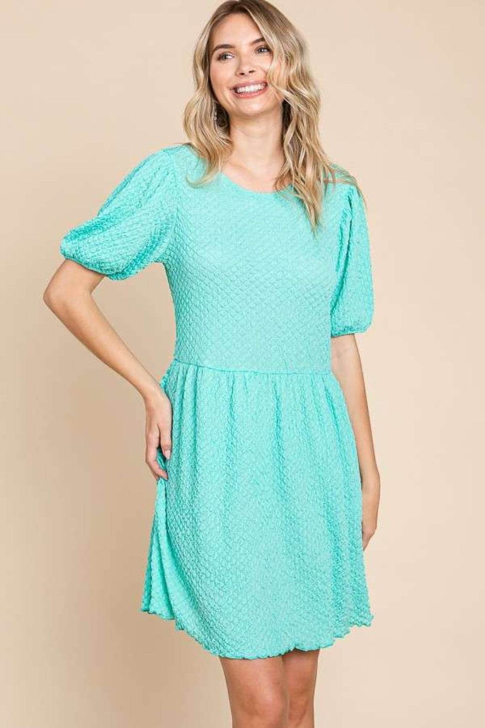 Culture Code Full Size Textured Round Neck Puff Sleeve Dress - Hovatok
