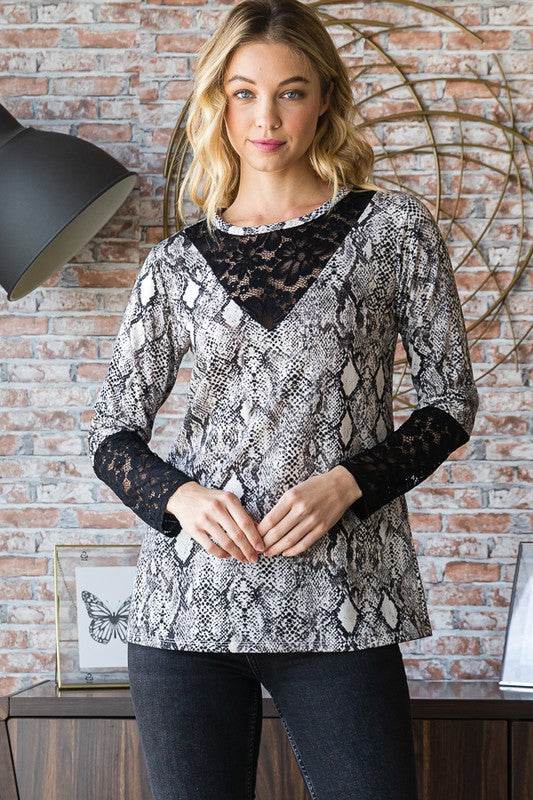 Heimish Full Size Snakeskin Print Round Neck Lace Contrast Top - Hovatok