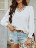 Devine Swiss Dot Lace Detail V-Neck Long Sleeve Blouse - Hovatok