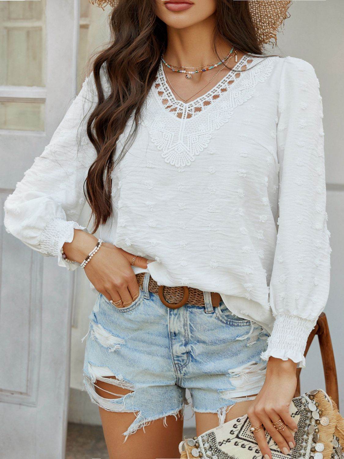 Devine Swiss Dot Lace Detail V-Neck Long Sleeve Blouse - Hovatok