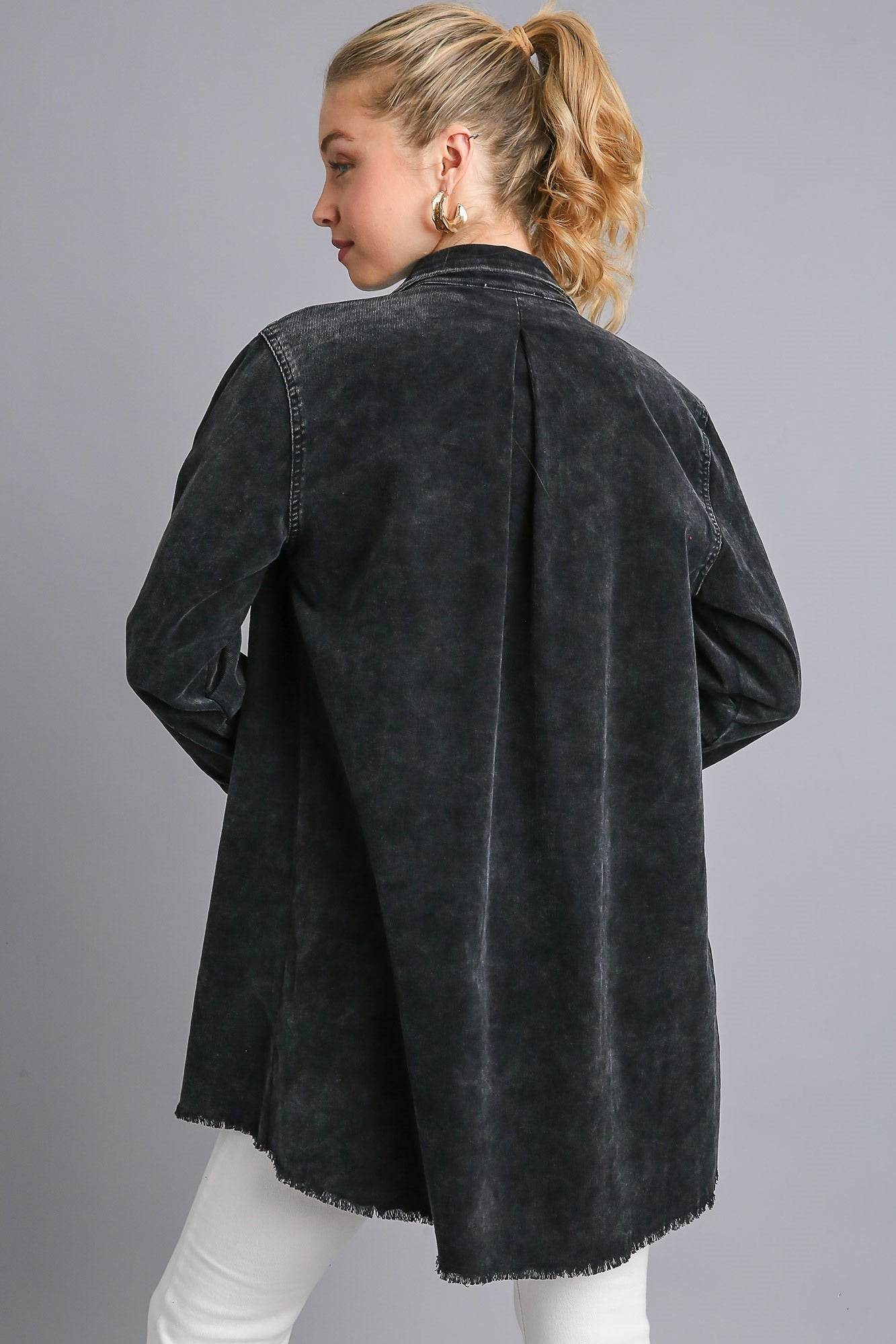Umgee Raw Hem Button Down Denim Jacket with Chest Pockets - Hovatok
