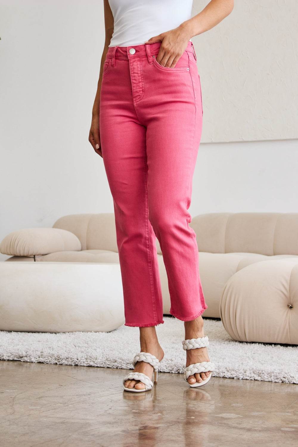 RFM Crop Dylan Full Size Tummy Control High Waist Raw Hem Jeans - Hovatok