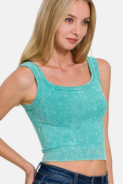Zenana Washed Ribbed Scoop Neck Wide Strap Tank - Hovatok