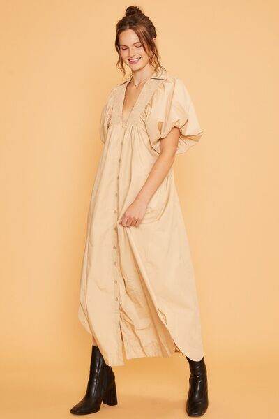 Annie Wear Smocked Puff Sleeve Midi Dress - Hovatok