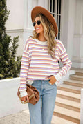 Angel Wings Striped Round Neck Dropped Shoulder Knit Top - Hovatok