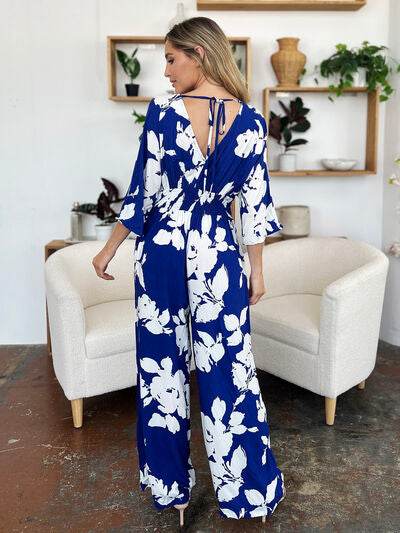 Double Take Full Size Printed Tie Back Wide Leg Jumpsuit - Hovatok