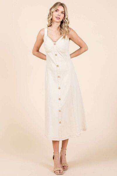 Mittoshop Stretch Twill Decor Button Sleeveless Midi Dress - Hovatok