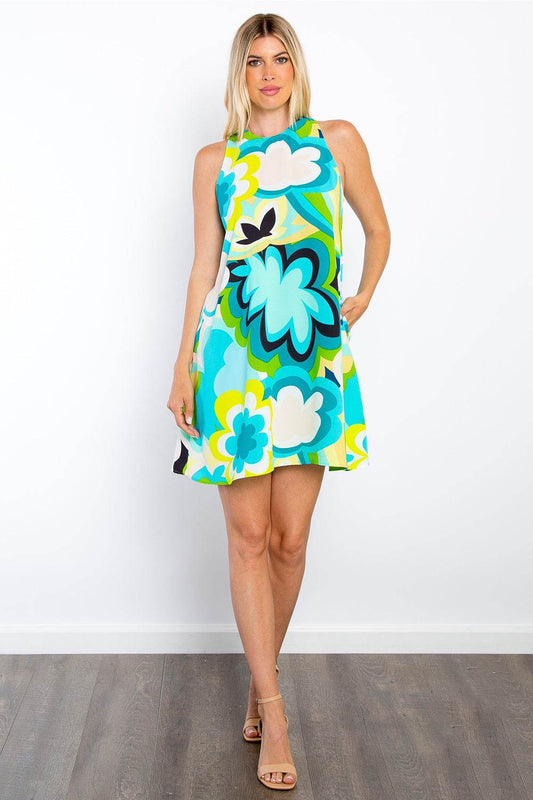 Be Stage Full Size Floral Sleeveless Mini Dress with Pockets - Hovatok
