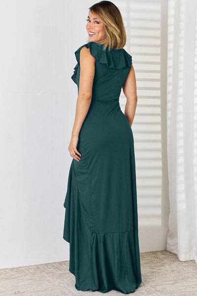 Ruffled V-Neck High-Low Dress - Hovatok