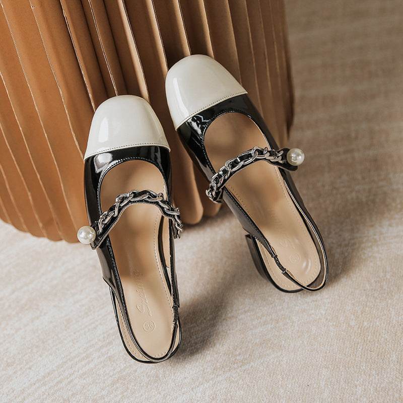 Contrast Round Toe Block Heel Mary Jane Shoes - Hovatok