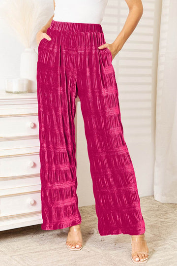 Double Take Full Size High Waist Tiered Shirring Velvet Wide Leg Pants - Hovatok