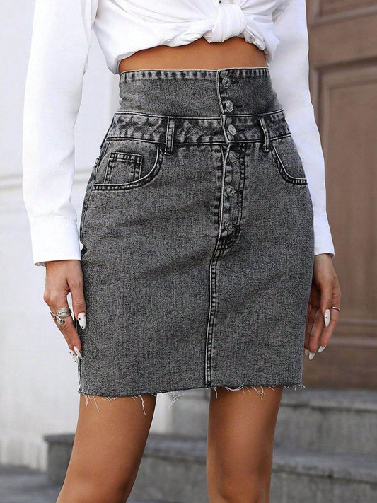 Raw Hem High Waist Denim Skirt - Hovatok