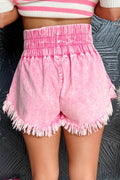 Washed Wide Smocked Waistband Frayed Denim Shorts - Hovatok