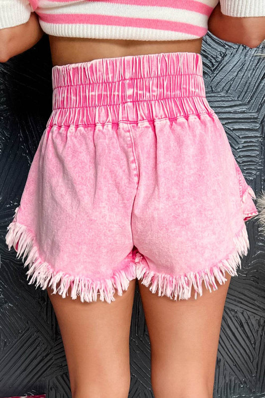 Washed Wide Smocked Waistband Frayed Denim Shorts - Hovatok