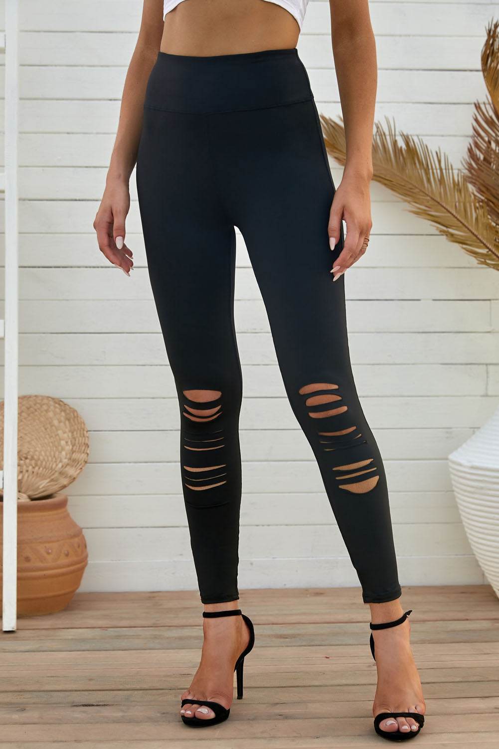 Wide Waistband Distressed Slim Fit Leggings - Hovatok