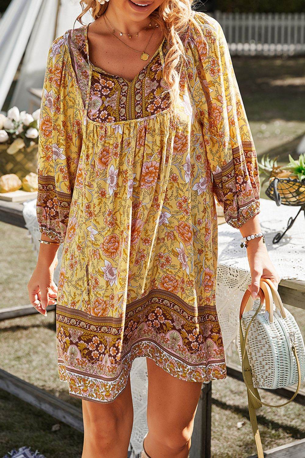 Devine Printed Tie Neck Mini Dress - Hovatok