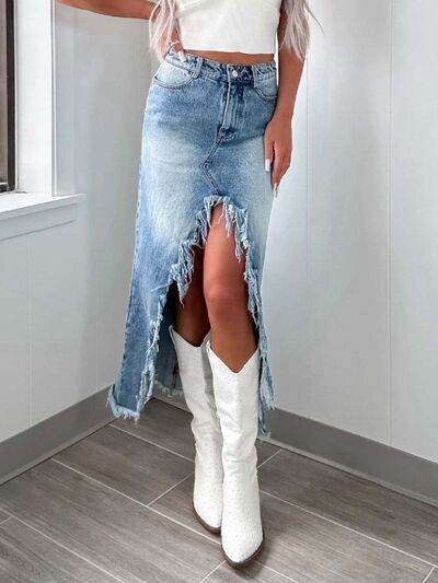 High-Waist Raw Hem Asymmetry Denim Skirt - Hovatok