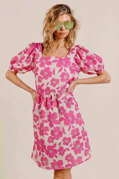 BiBi Printed Square Neck Puff Sleeve Mini Dress - Hovatok