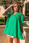 BiBi Texture Button Up Ruffled Short Sleeve Shirt - Hovatok