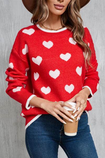 Angel Wings Contrast Trim Heart Round Neck Sweater - Hovatok