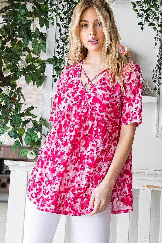 Heimish Full Size Short Sleeve Crisscross Animal Babydoll Top Plus Size - Hovatok