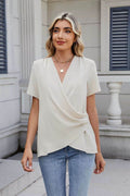 Solid Color Surplice Short Sleeve Blouse - Hovatok