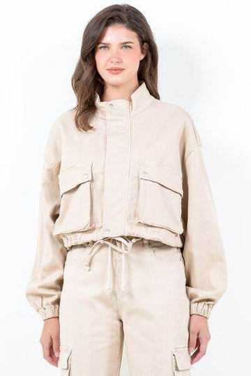 American Bazi Full Size Drawstring Hem Cargo Pocket Cropped Worker Jacket Plus Size - Hovatok