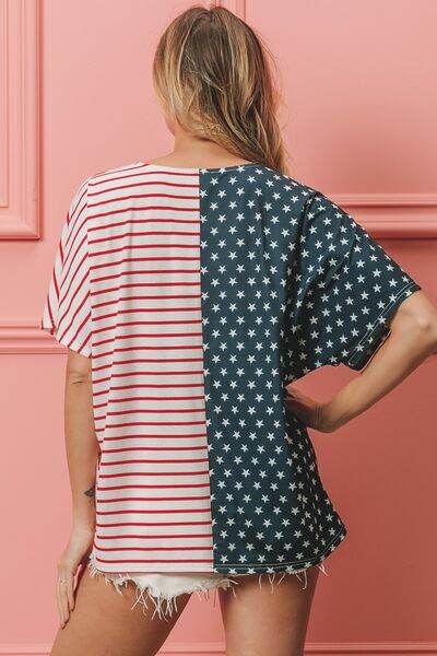 BiBi US Flag Themed Color Block Short Sleeve T-Shirt - Hovatok
