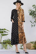 Celeste Full Size Polka Dot & Leopard Round Neck Midi Dress Plus Size - Hovatok