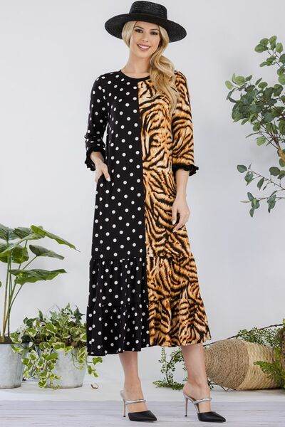 Celeste Full Size Polka Dot & Leopard Round Neck Midi Dress Plus Size - Hovatok