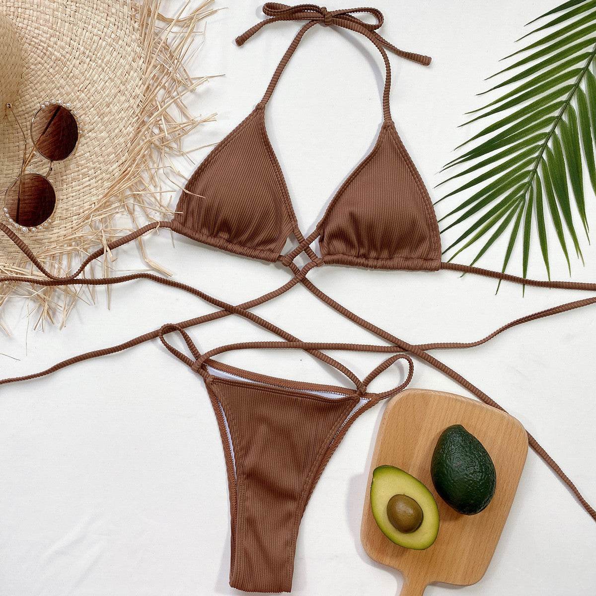 Halter Neck Crisscross Ribbed Bikini Set - Hovatok