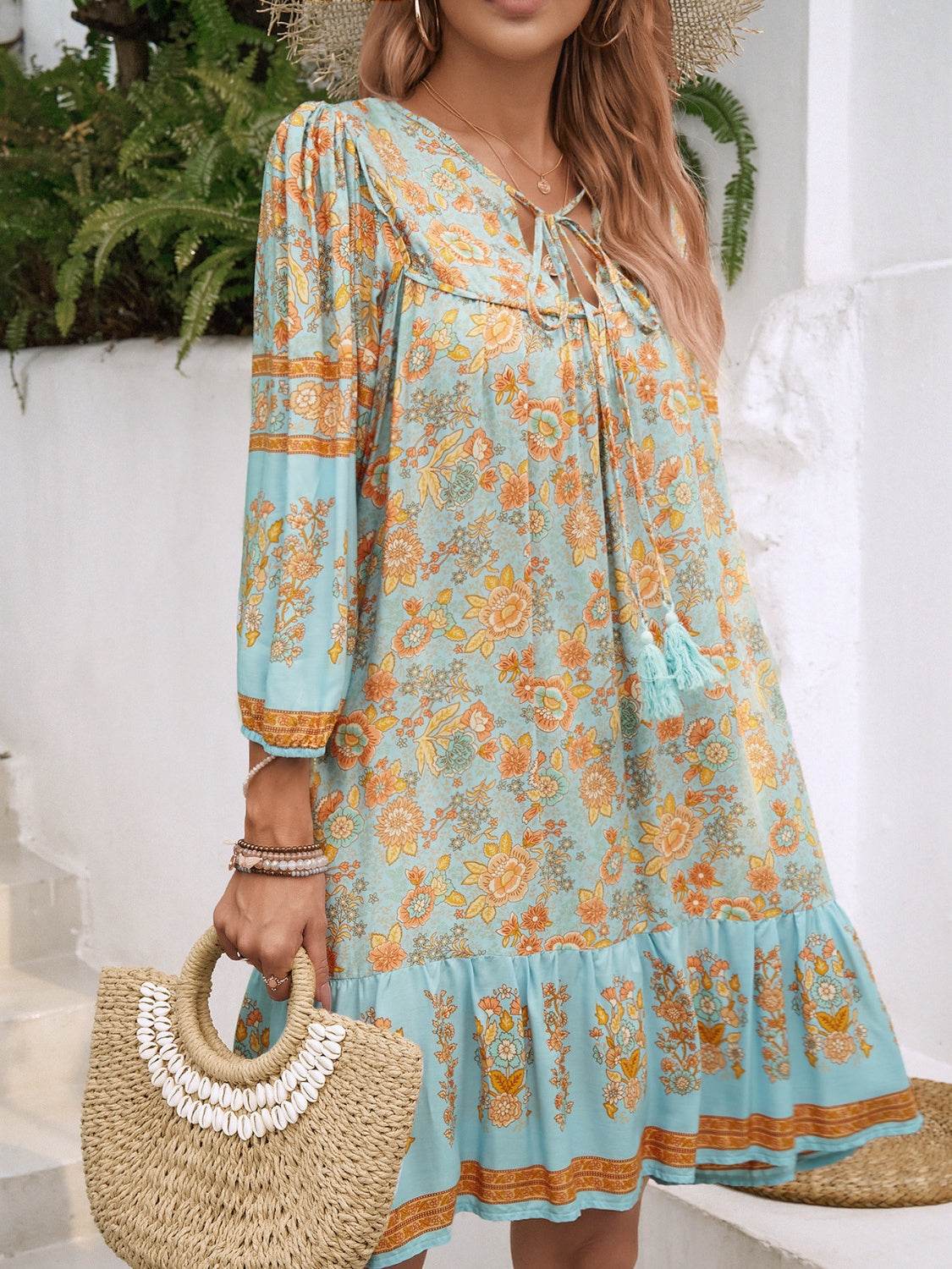 Devine Tassel Floral Tie Neck Mini Dress - Hovatok