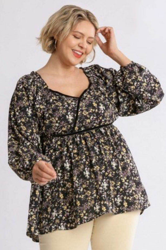 Umgee Full Size Floral Print Velvet Trimmed Balloon Sleeve Top Plus Size - Hovatok