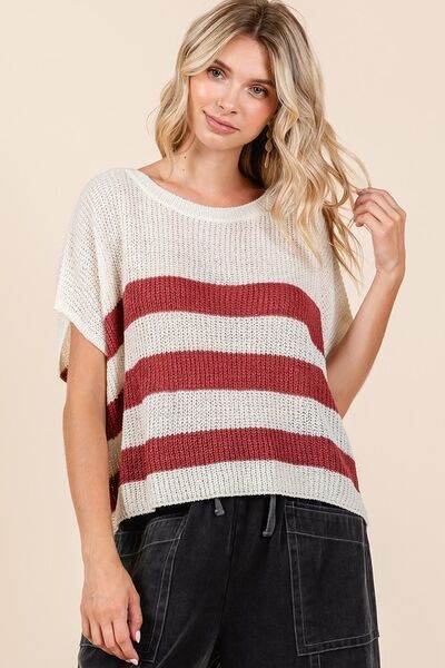 Mittoshop Contrast Striped Round Neck Short Sleeve Sweater - Hovatok