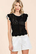 Mittoshop Openwork Contrast Trim Ruffled Cap Sleeve Knit Top - Hovatok