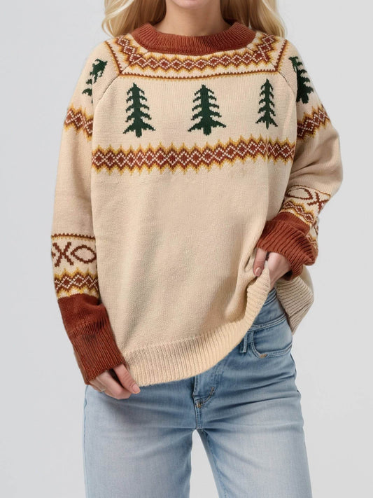 Graphic Round Neck Long Sleeve Sweater - Hovatok