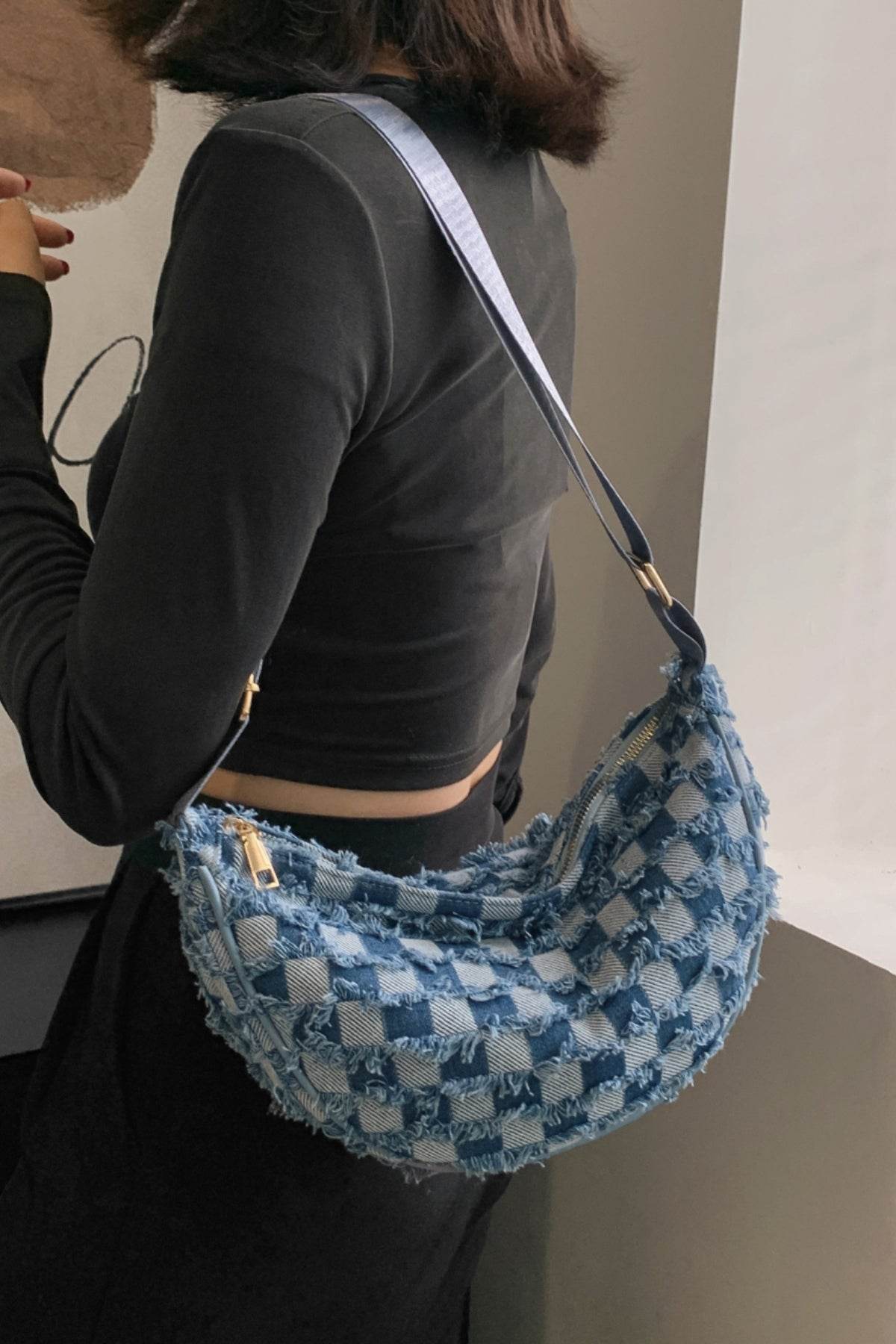 Raw Hem Checkered Denim Crossbody Bag - Hovatok