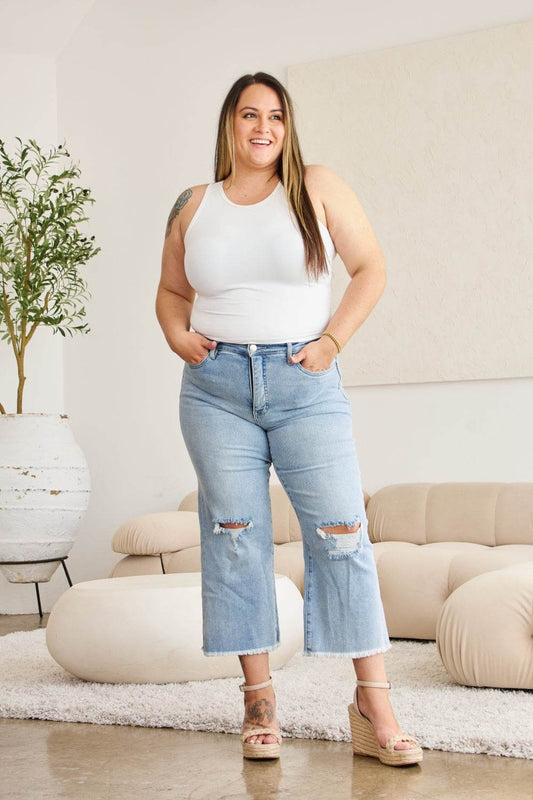 RFM Full Size Tummy Control High Waist Raw Hem Distressed Jeans - Hovatok