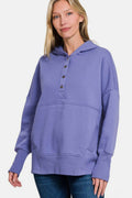 Zenana Half Snap Long Sleeve Hoodie with Kangaroo Pocket - Hovatok