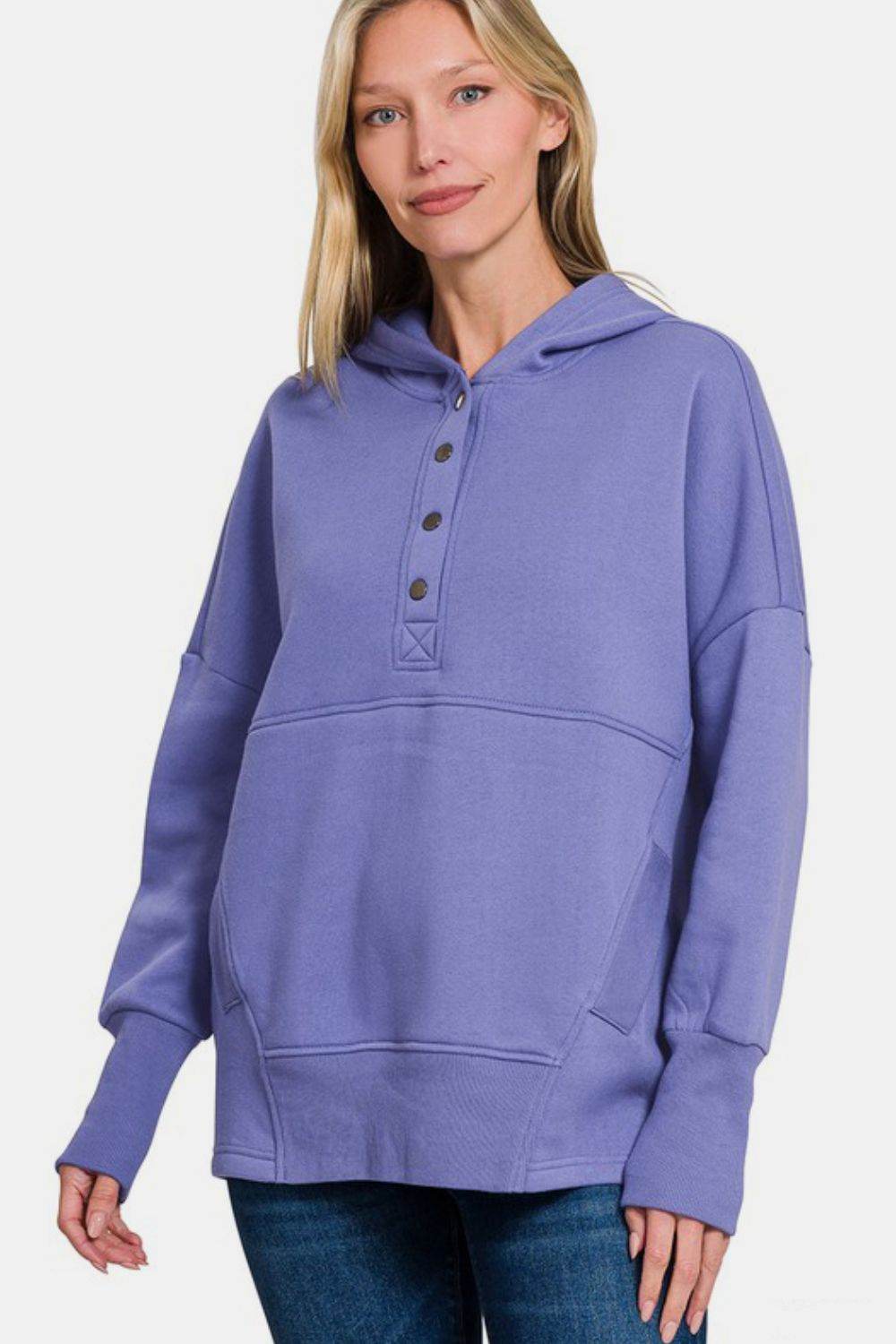 Zenana Half Snap Long Sleeve Hoodie with Kangaroo Pocket - Hovatok