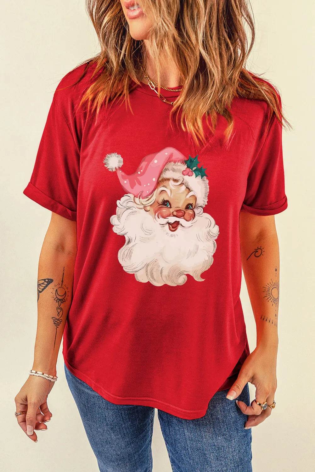 Santa Round Neck Short Sleeve T-Shirt - Hovatok