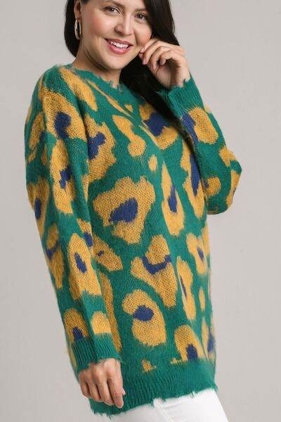 Umgee Full Size Leopard Destroyed Rib Band Sweater Plus Size - Hovatok