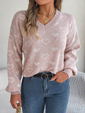 Heart Pattern V-Neck Long Sleeve Sweater - Hovatok