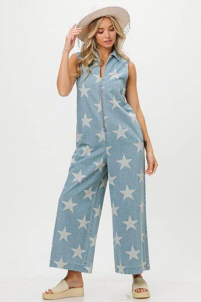 BiBi Star Print Half Zip Sleeveless Denim Jumpsuit - Hovatok