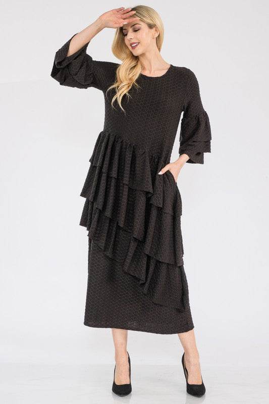 Celeste Full Size Honey Comb Asymmetrical Ruffle Midi Dress Plus Size - Hovatok