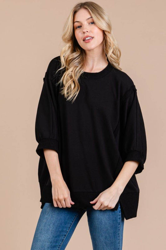 Ces Femme Side Slit Drop Shoulder Puff Sleeve Sweatshirt - Hovatok