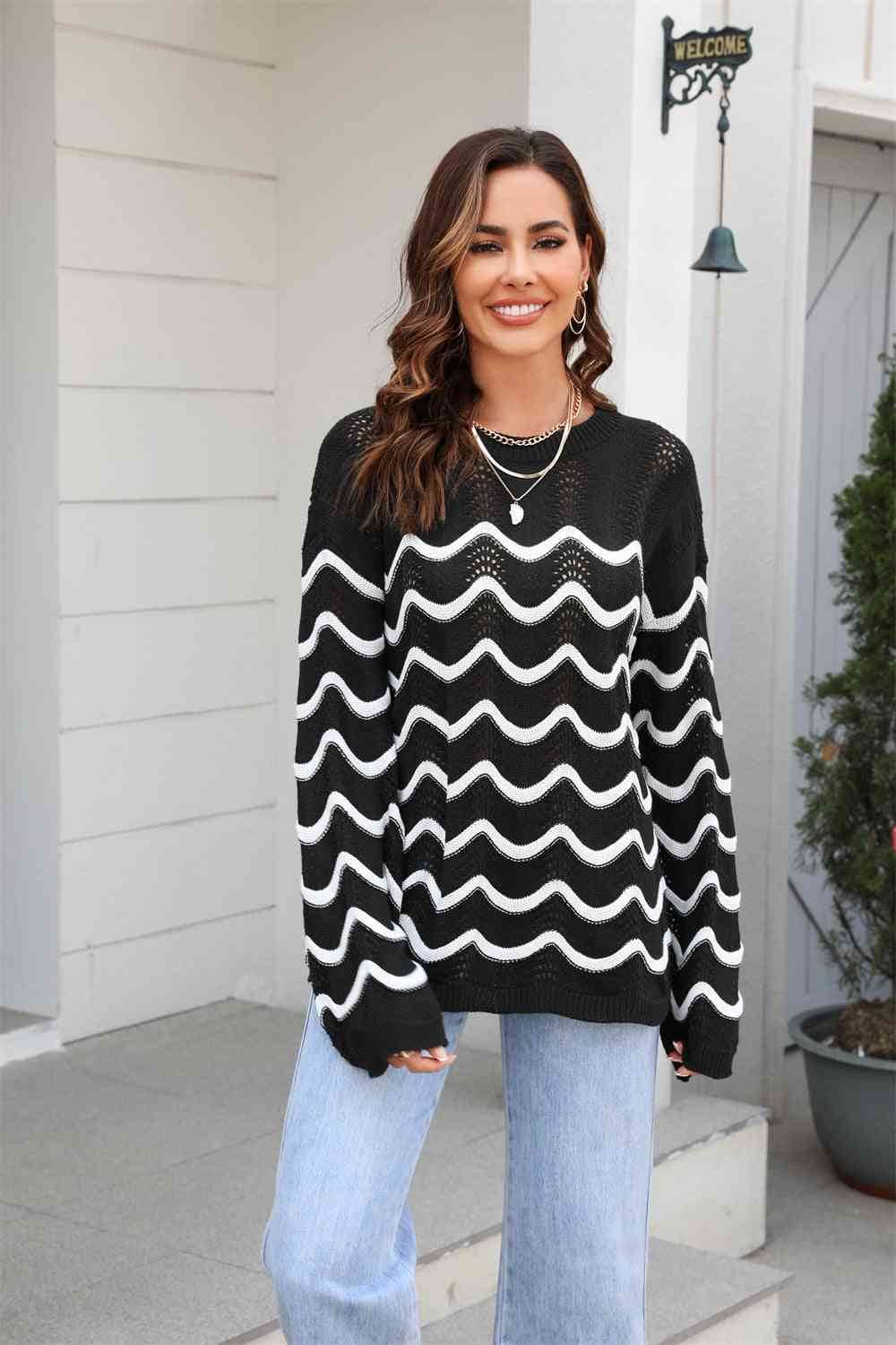 Angel Wings Wave Pattern Round Neck Long Sleeve Sweater - Hovatok