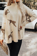 Animal Pattern Mock Neck Long Sleeve Slit Sweater - Hovatok