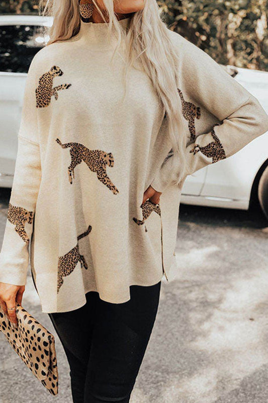 Animal Pattern Mock Neck Long Sleeve Slit Sweater - Hovatok